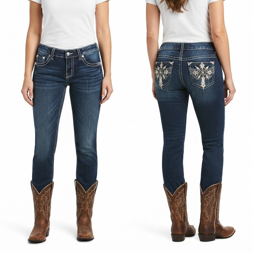 Avenue Denim Jeans Womens 16A Skinny Dark Wash Embroidered Cross Rhinestone Blue